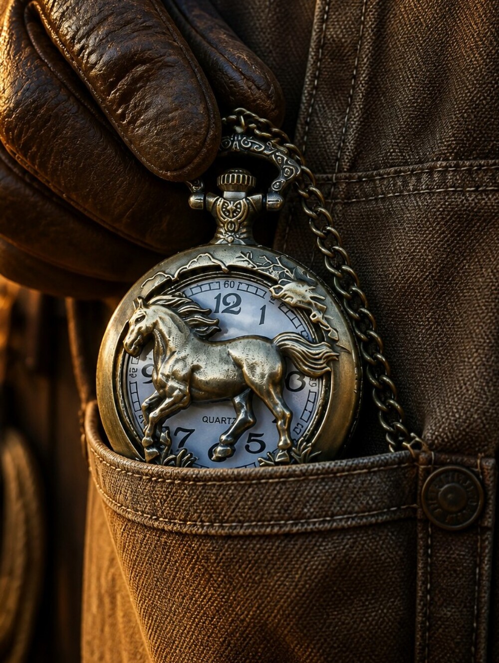 Horse Pocket Watch Antique Bronze Raised Stallion Quartz Chain Western Vintage